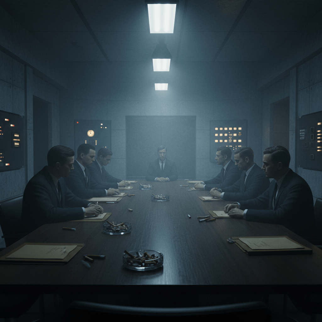 Reunión secreta de expertos en un búnker subterráneo analizando el Informe de Iron Mountain sobre la guerra y la paz.