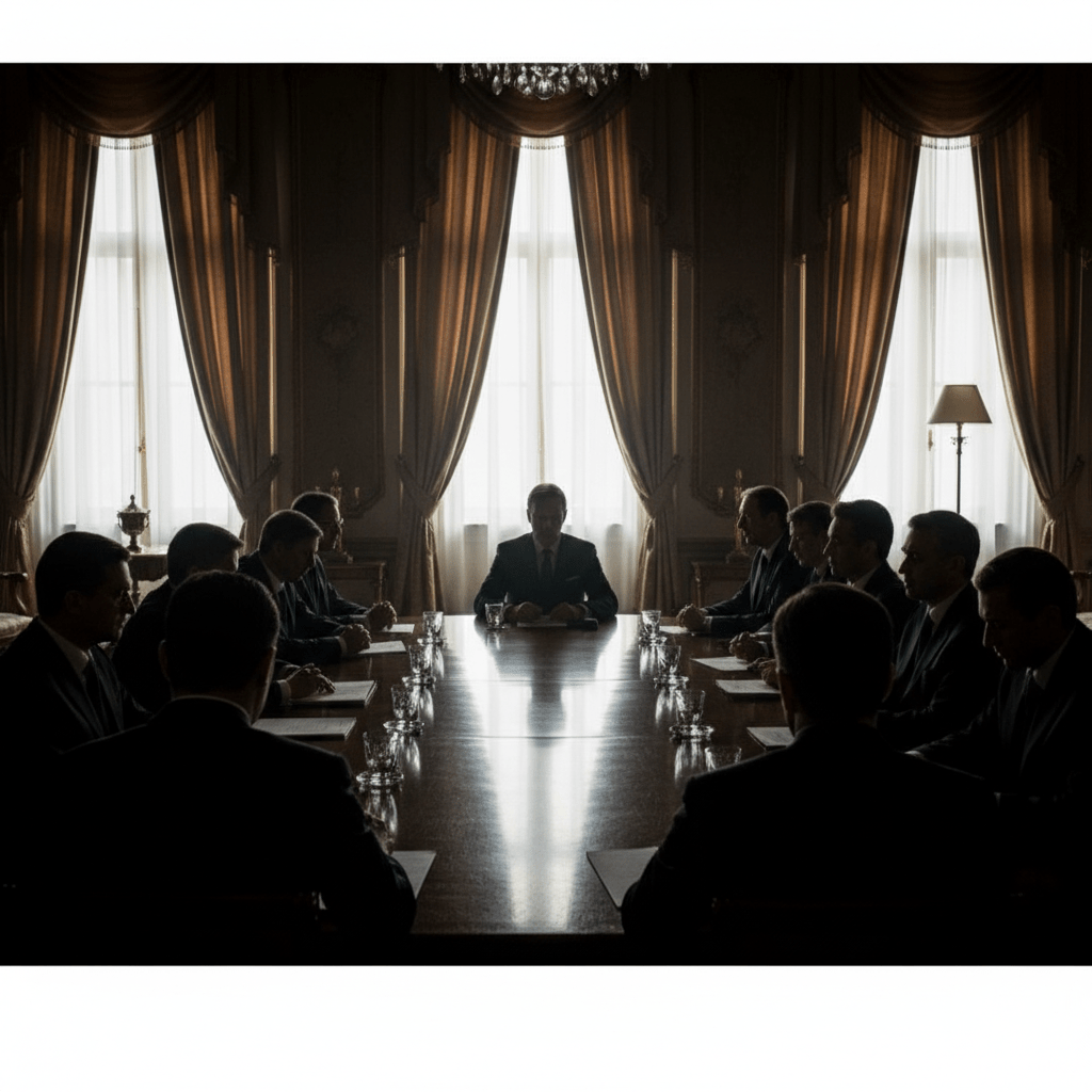 Reunión secreta de figuras influyentes en un salón de lujo oscuro representando el Club Bilderberg