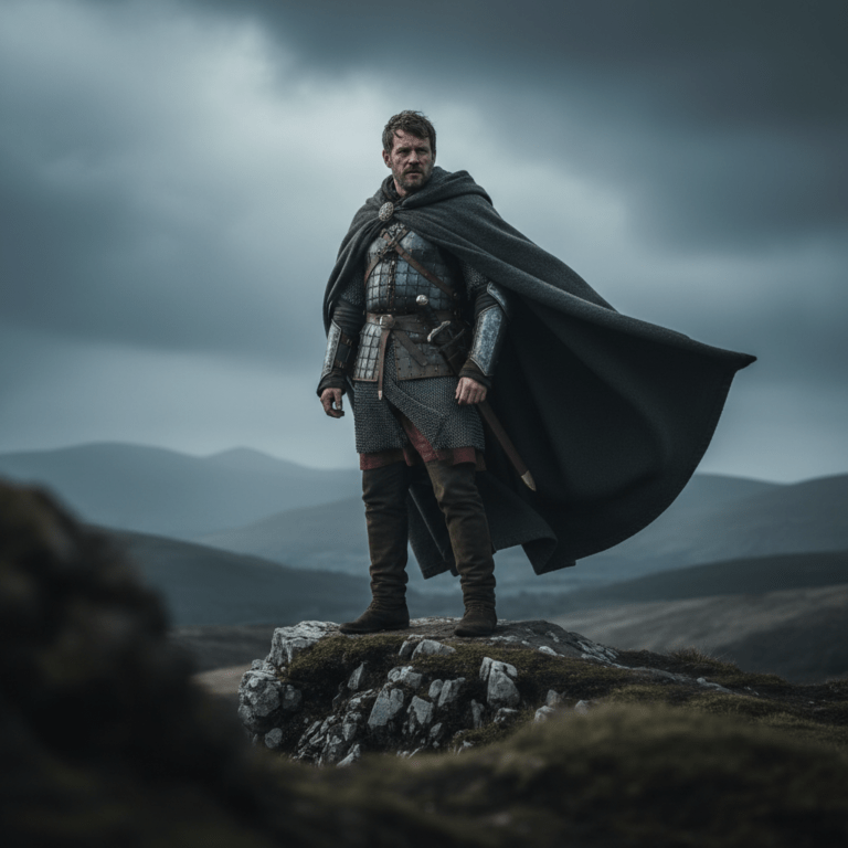 Caudillo guerrero romano-británico representando al Rey Arturo histórico en un paisaje neblinoso del siglo VI