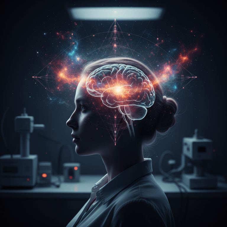 Representación artística de la glándula pineal y la DMT fusionando ciencia y misticismo en un laboratorio.