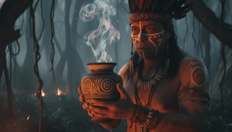 Guerrero antiguo en un ritual místico de transferencia de energía y asimilación de virtudes en la selva.