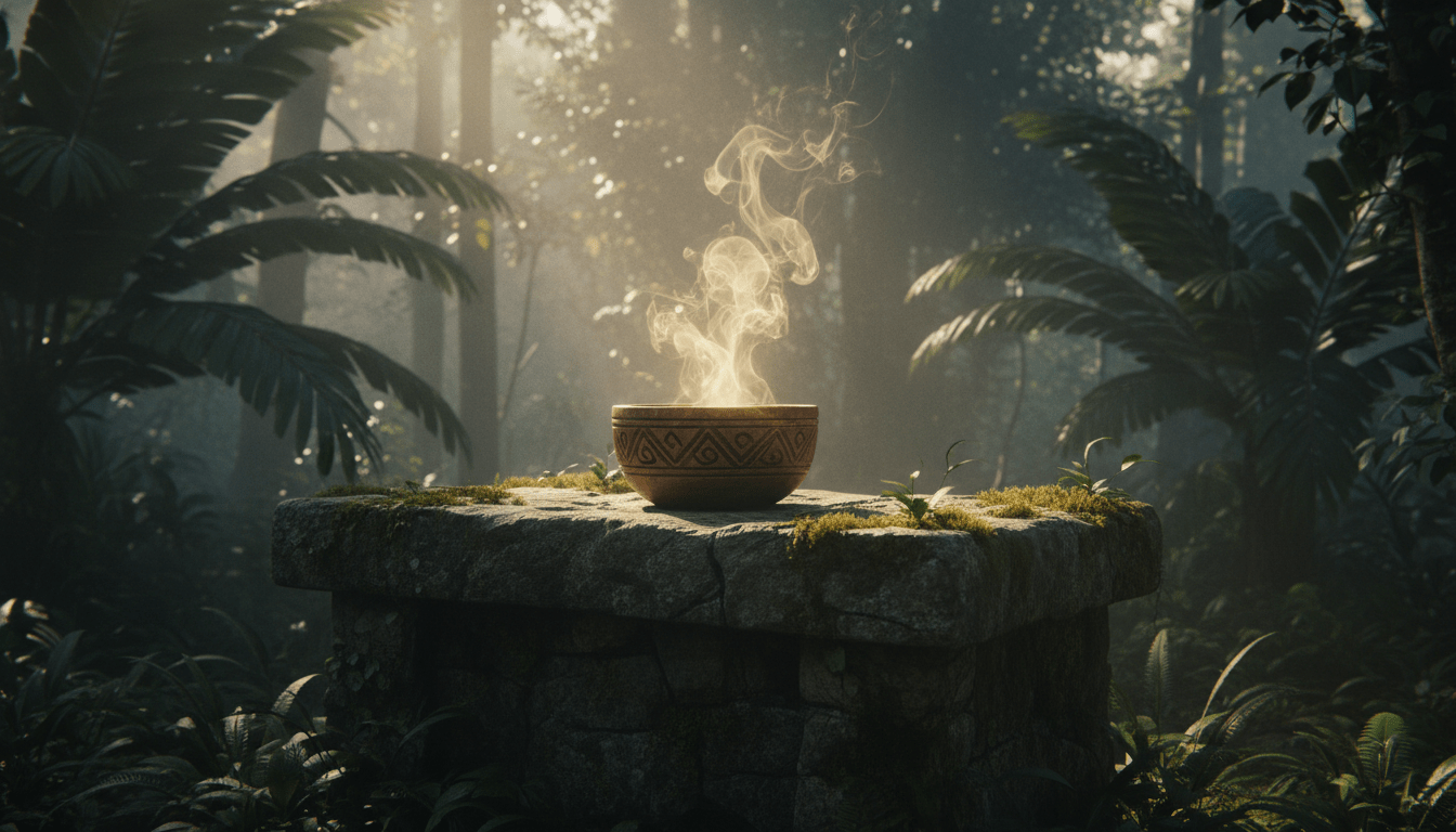 Representación artística y cinematográfica de un altar ritual en la selva, simbolizando el concepto antropológico de la teofagia y la absorción de la esencia vital.