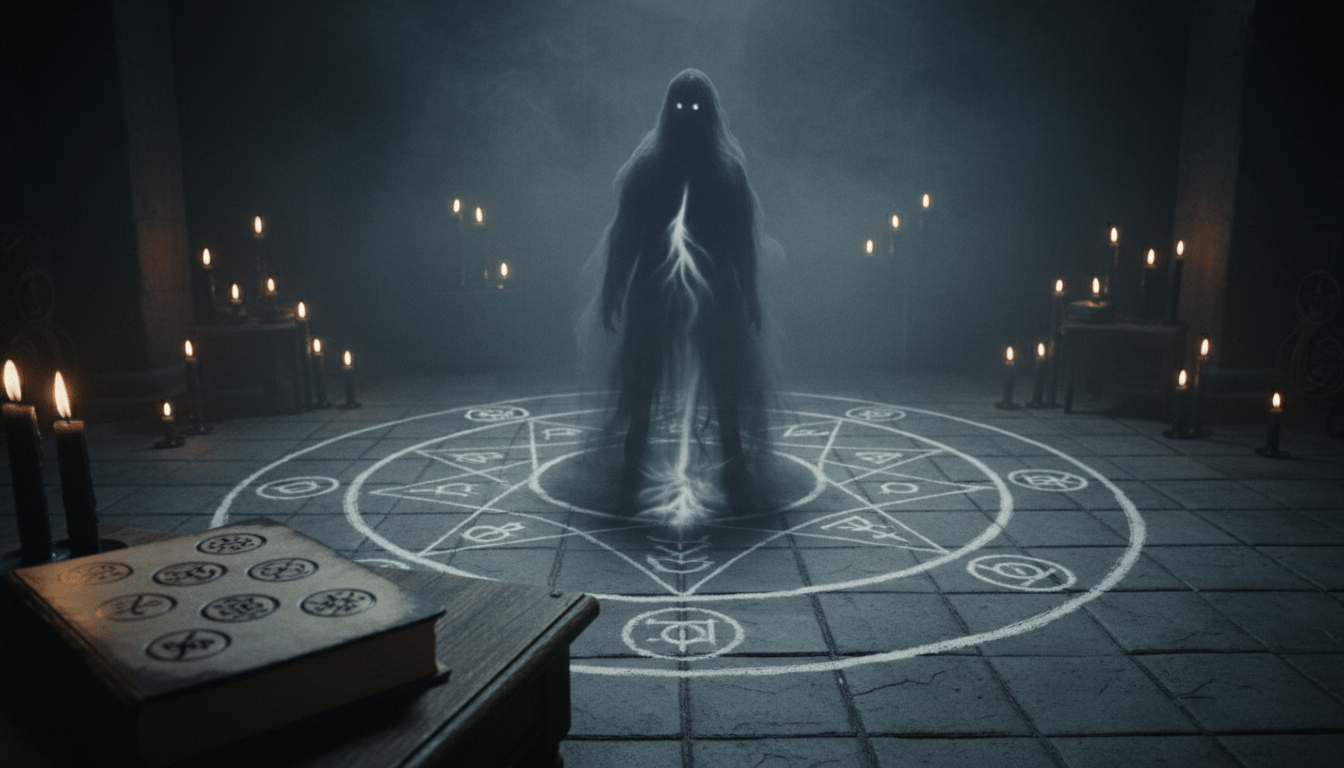 Representación artística de un ritual de invocación ocultista con un grimorio antiguo y una entidad sombría emergiendo de un portal.