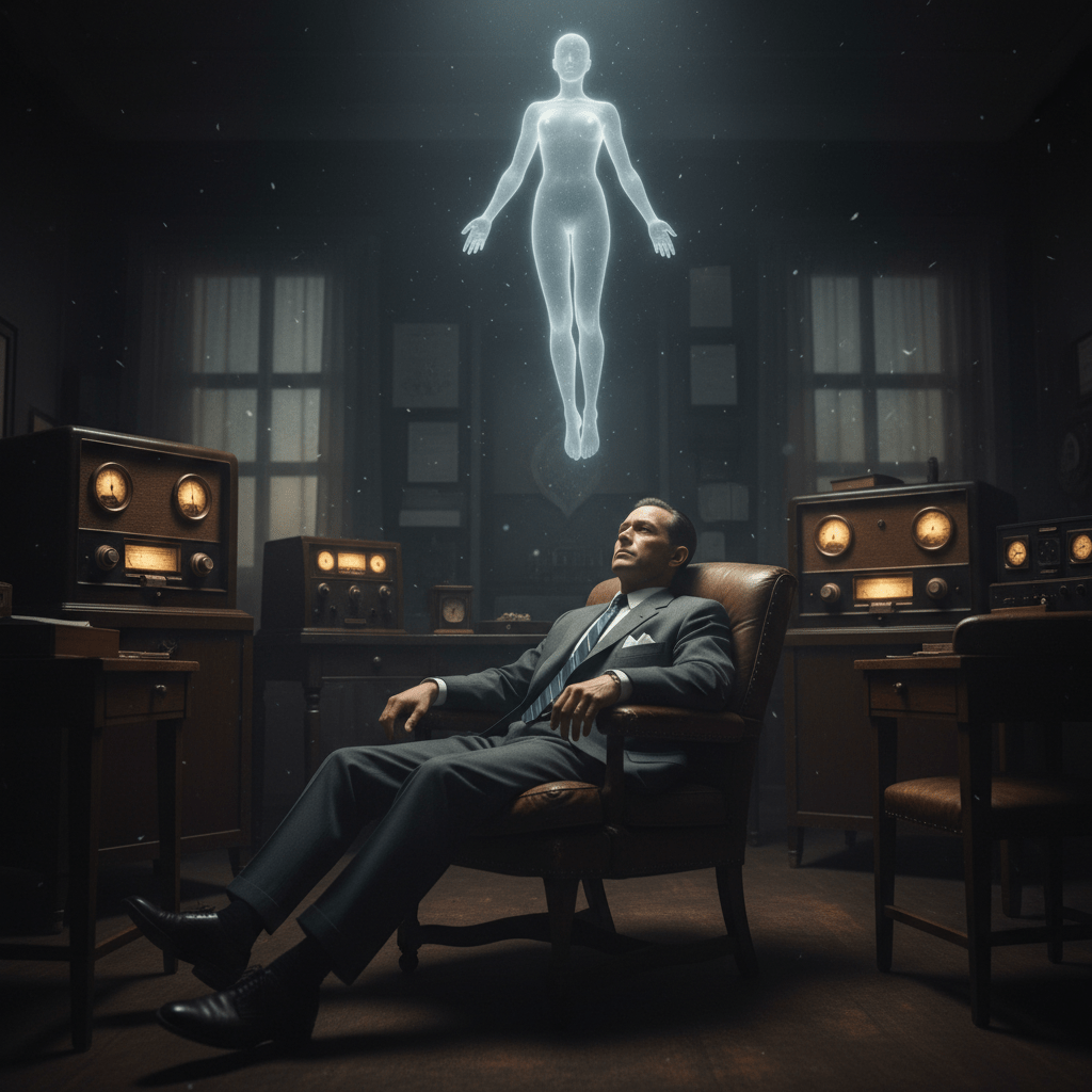 Robert Monroe experimentando un viaje fuera del cuerpo en una oficina de 1958 estilo fotorrealista