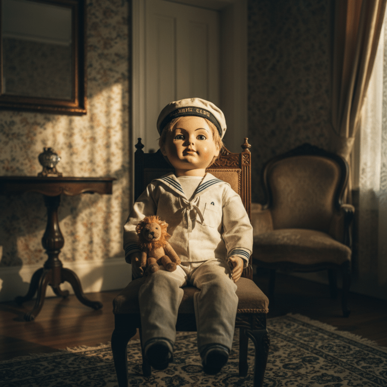 El muñeco Robert the Doll original con traje de marinero y león de peluche en la mansión de la familia Otto