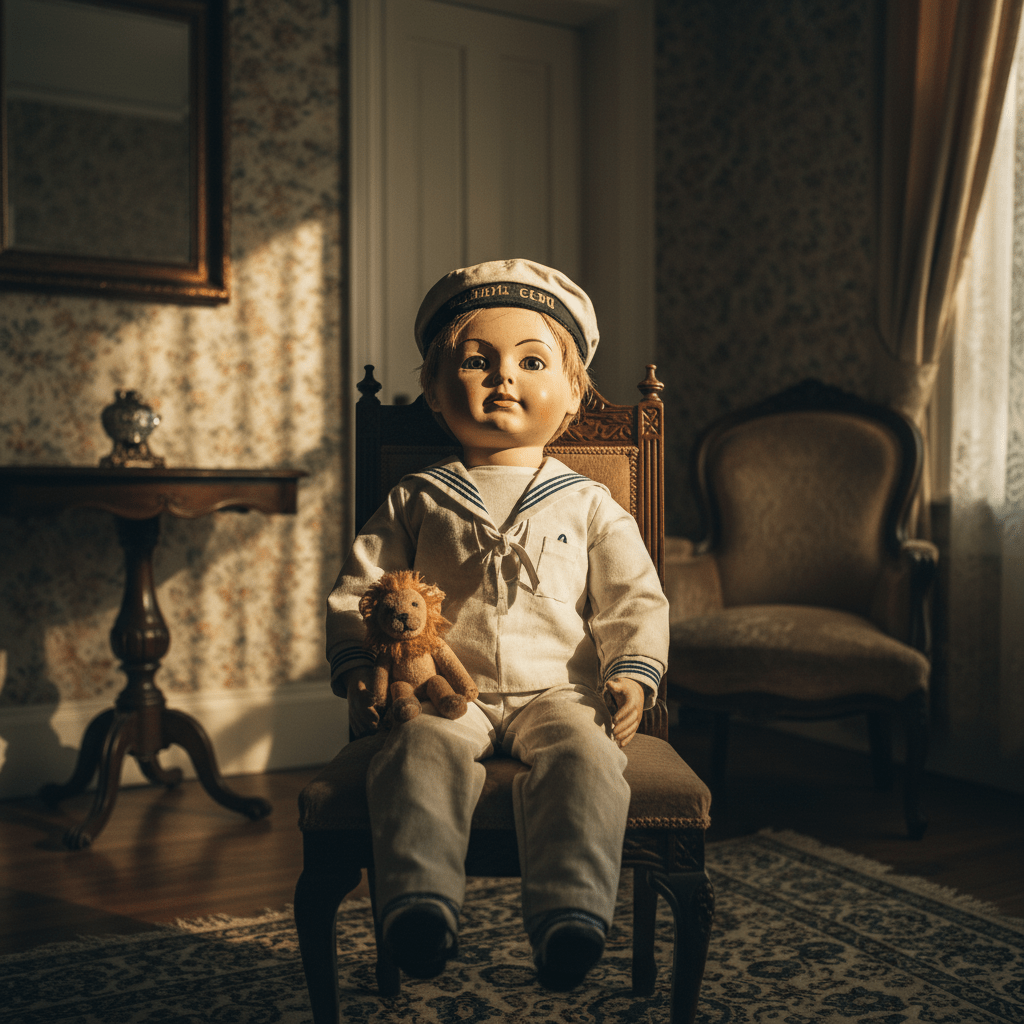 El muñeco Robert the Doll original con traje de marinero y león de peluche en la mansión de la familia Otto