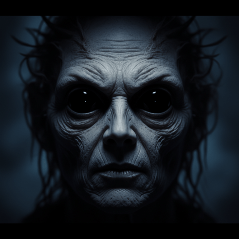 Primer plano de un rostro alienígena de ojos negros profundos y piel pálida en la penumbra, inspirado en el libro Comunión de Whitley Strieber.