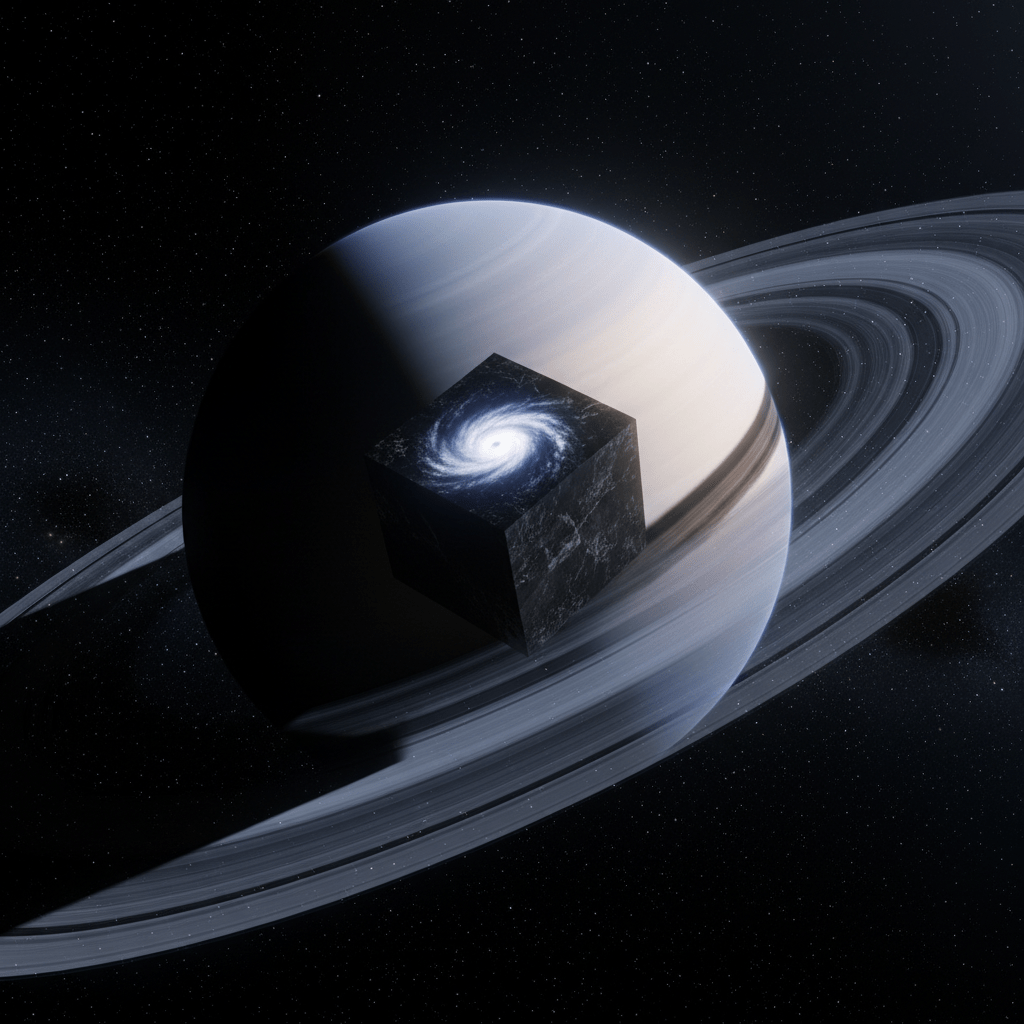 Representación artística de Saturno y el simbolismo del cubo negro en el espacio profundo