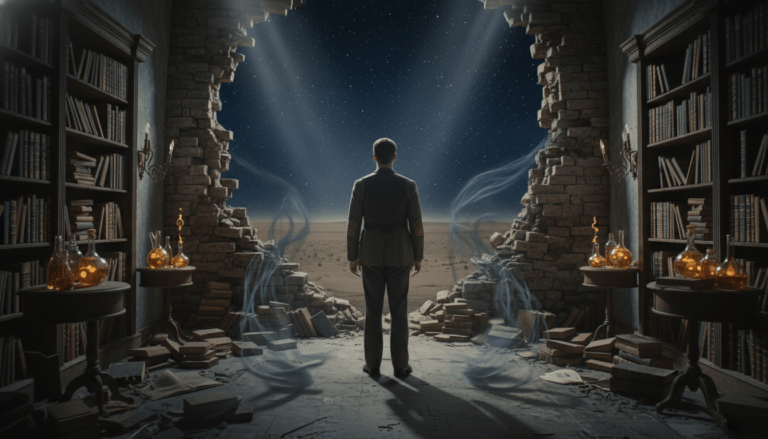 Hombre frente a un abismo simbólico en una biblioteca antigua, representando la obsesión por el conocimiento oculto y la disolución del ego.