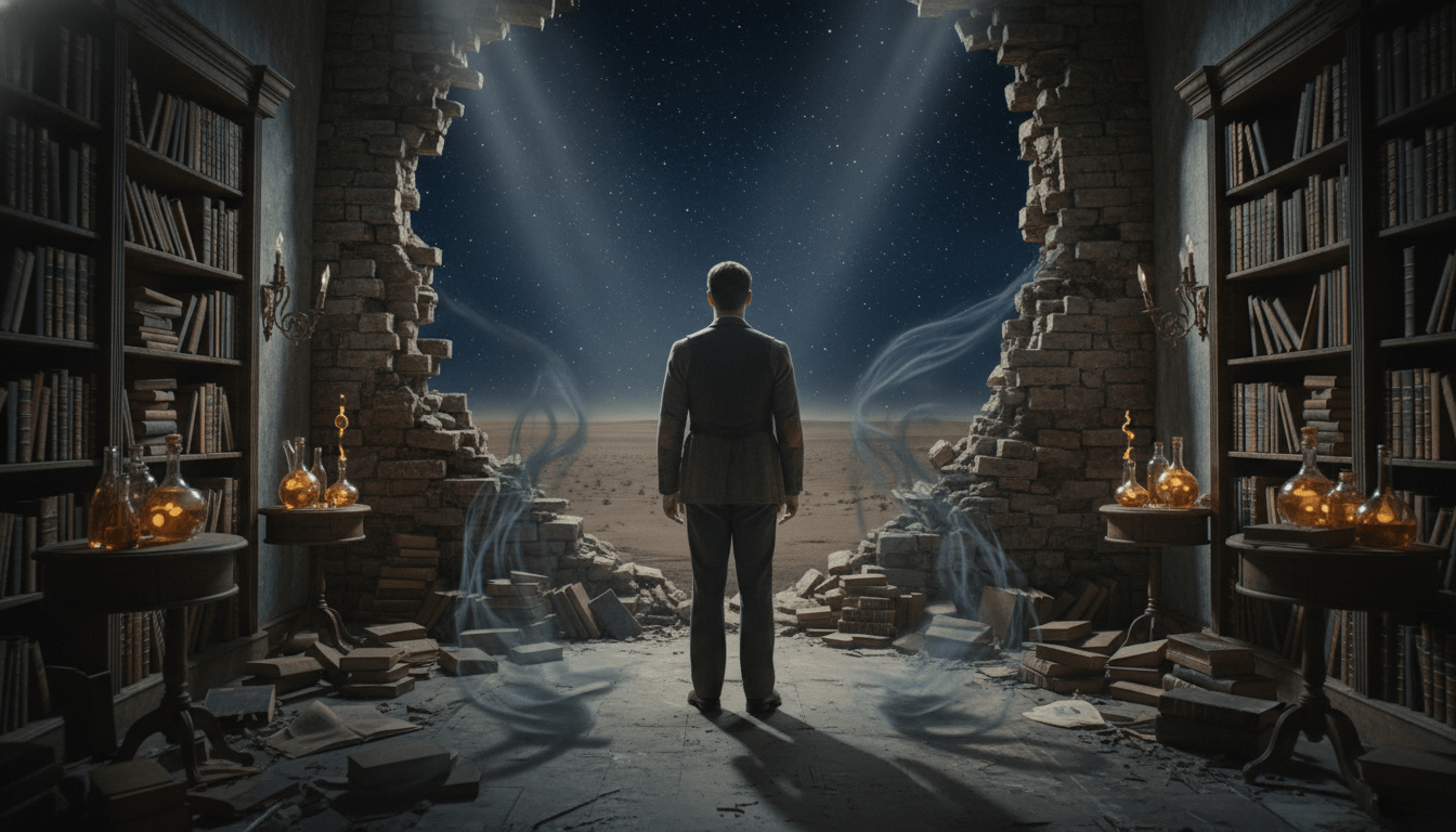Hombre frente a un abismo simbólico en una biblioteca antigua, representando la obsesión por el conocimiento oculto y la disolución del ego.
