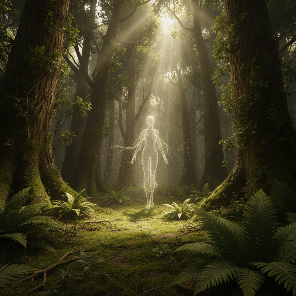 Representación artística de un ser elemental etéreo integrado en la naturaleza de un bosque místico, ilustrando el folclore de las hadas.
