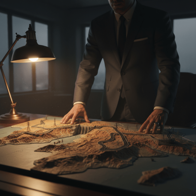 Representación conceptual de un sicario económico manipulando proyectos de infraestructura y deuda global en una oficina oscura.