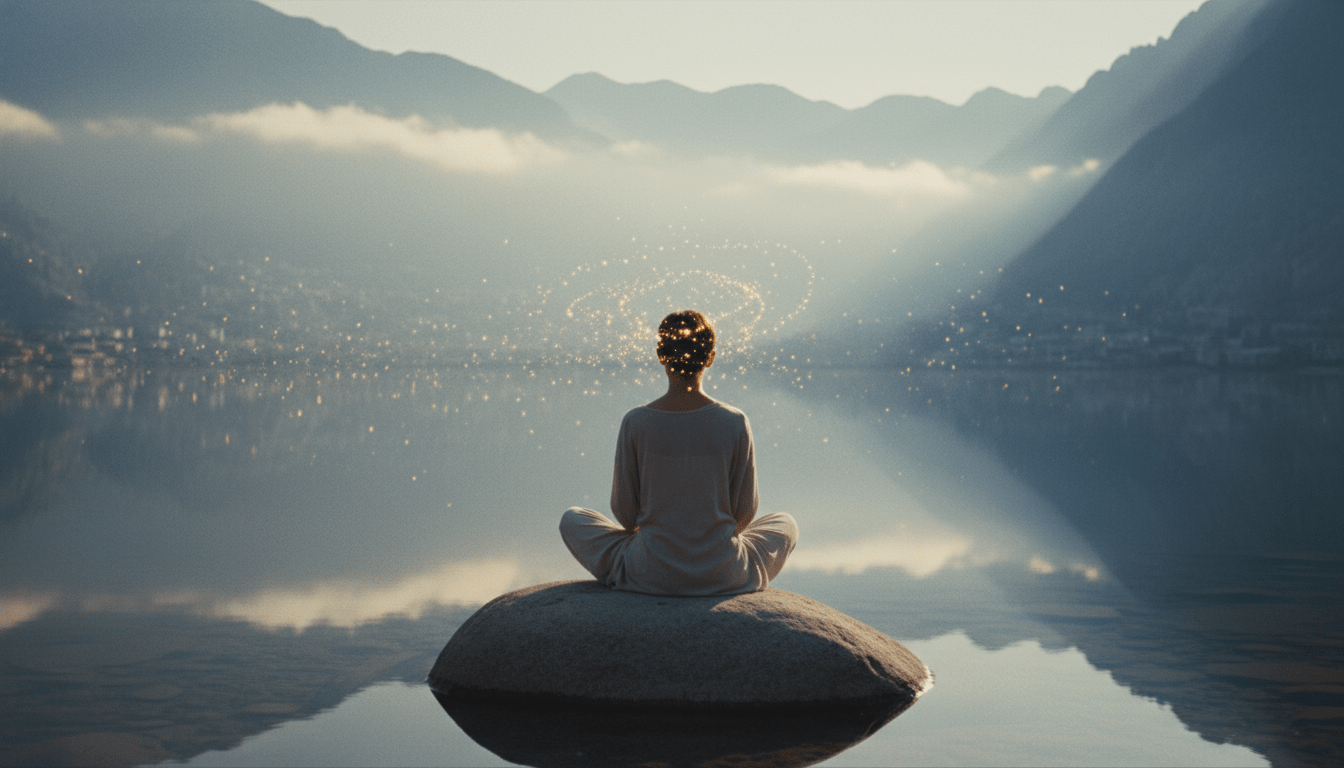 Persona meditando frente a un lago de montaña para ilustrar la calma mental y la neurobiología del silencio en la era digital.