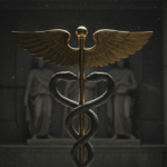 Caduceo de Hermes original con dos serpientes entrelazadas y vara alada en un entorno místico griego