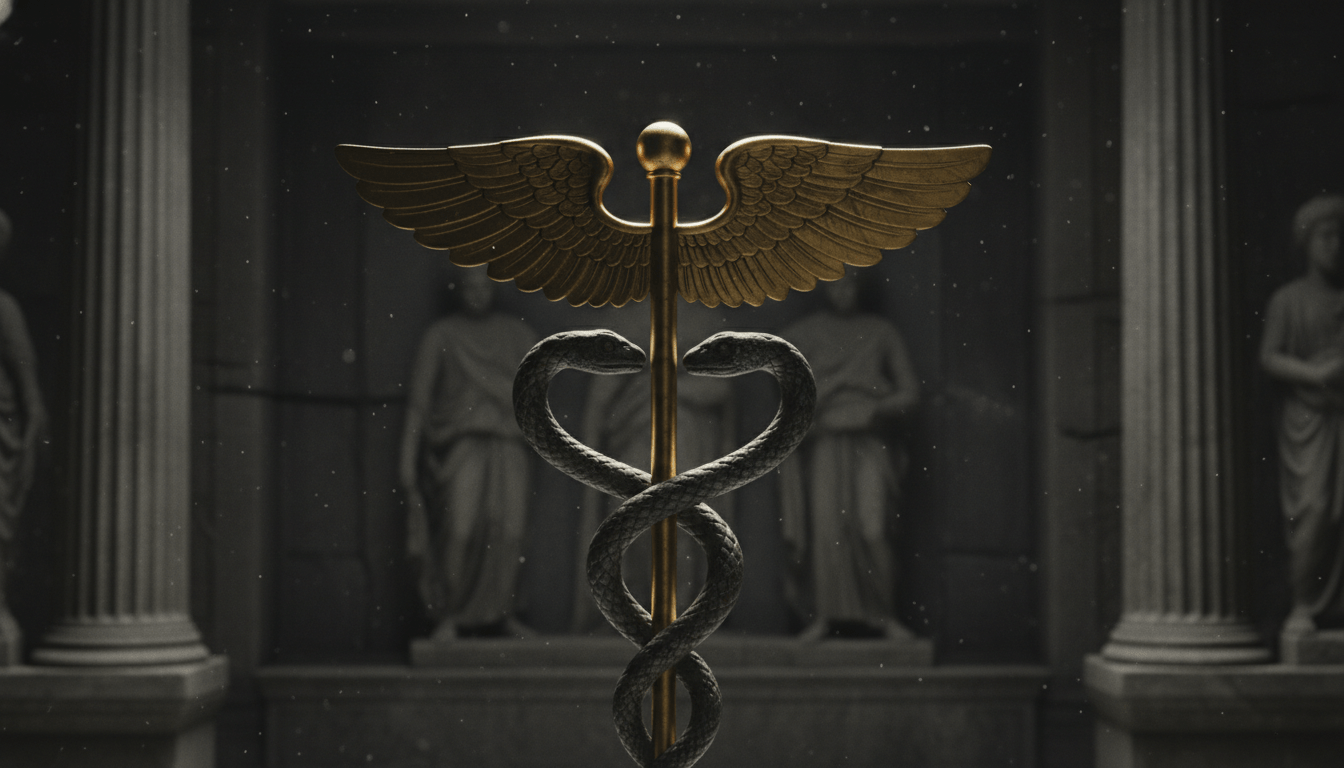 Caduceo de Hermes original con dos serpientes entrelazadas y vara alada en un entorno místico griego