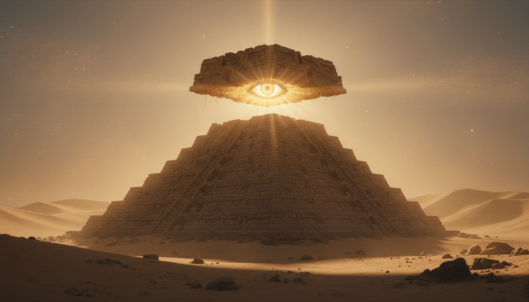 Representación artística y cinematográfica de la pirámide truncada con el ojo de la providencia sobre fondo místico.