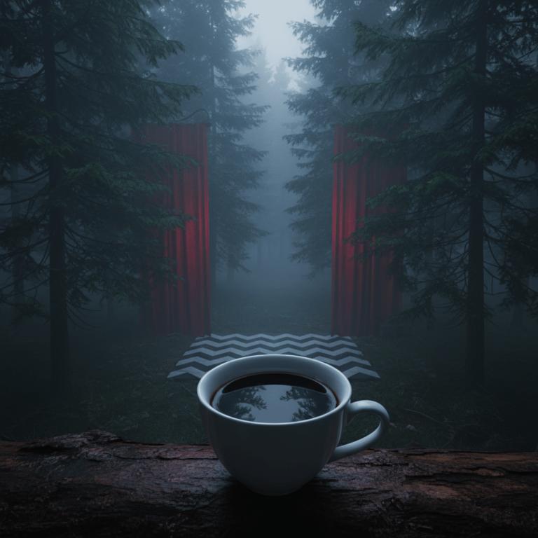 Bosque místico de Twin Peaks con niebla, taza de café negro y cortinas rojas enigmáticas, atmósfera de David Lynch.