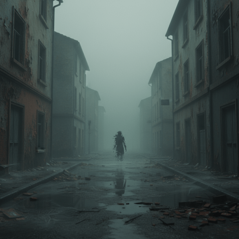 Calle desierta en Silent Hill bajo una niebla densa con atmósfera de terror psicológico y simbolismo de la sombra de Carl Jung.
