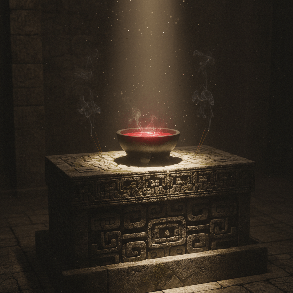 Altar de piedra ancestral con una ofrenda de sangre ritual en un cuenco de obsidiana bajo luz solar dramática, representando el valor metafísico del fluido vital.
