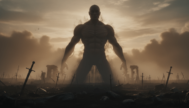 Representación artística y realista de un titán colosal sobre un campo de batalla en ruinas, simbolizando el ciclo de la guerra y la memoria en Attack on Titan.