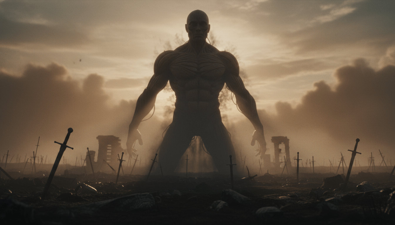 Representación artística y realista de un titán colosal sobre un campo de batalla en ruinas, simbolizando el ciclo de la guerra y la memoria en Attack on Titan.