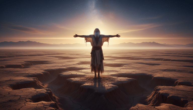 Silueta de una persona con los brazos extendidos formando una cruz humana en una llanura al amanecer, representando el eje del mundo y el equilibrio universal.