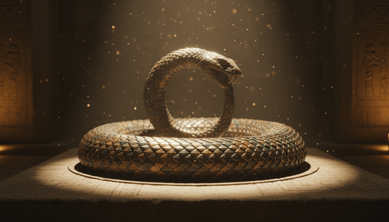 Representación artística del Ouroboros, una serpiente mística formando un círculo infinito sobre piedra antigua, símbolo del ciclo eterno.