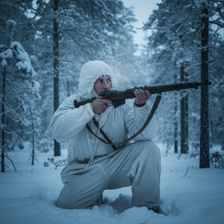 Simo Häyhä el francotirador finlandés Muerte Blanca camuflado en la nieve de los bosques de Karelia durante la Guerra de Invierno