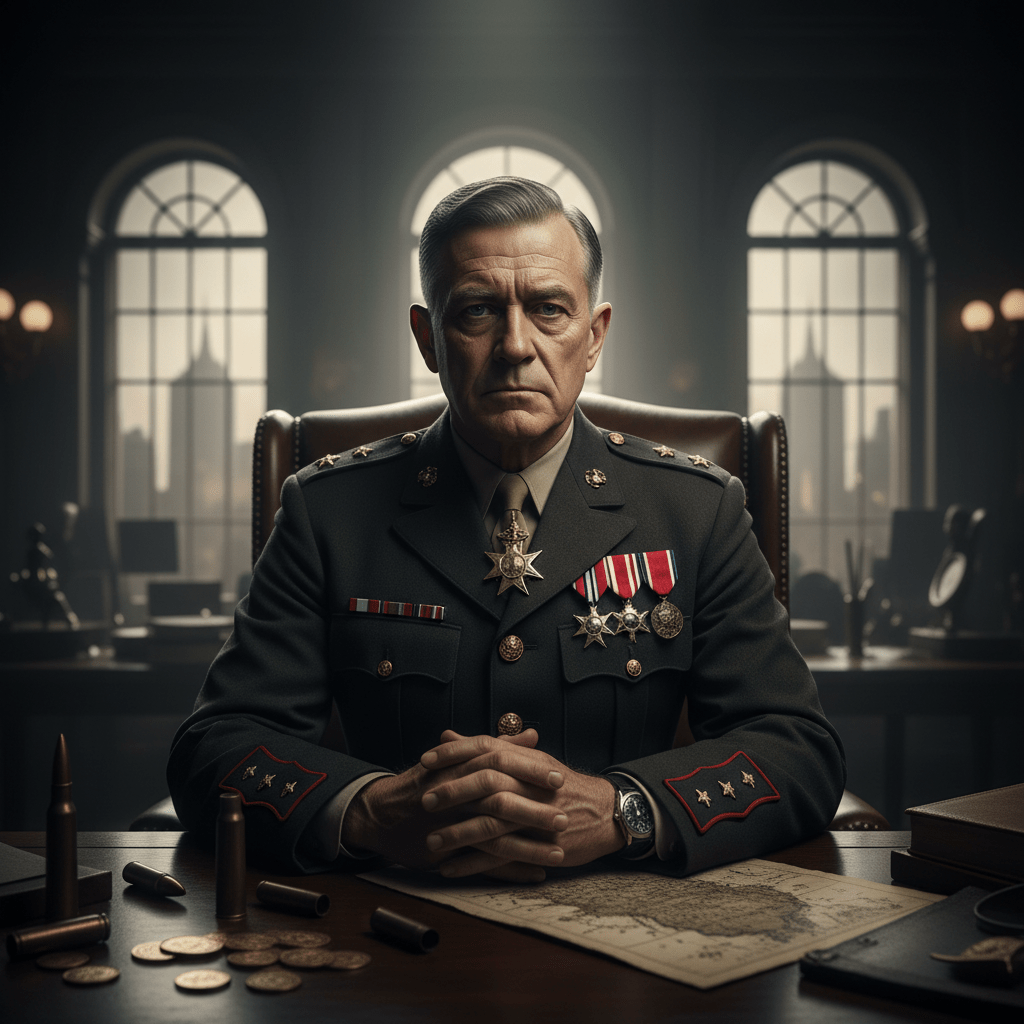 Retrato cinematográfico de un general condecorado en una oficina de Wall Street, representando la crítica de Smedley Butler a la guerra como negocio.