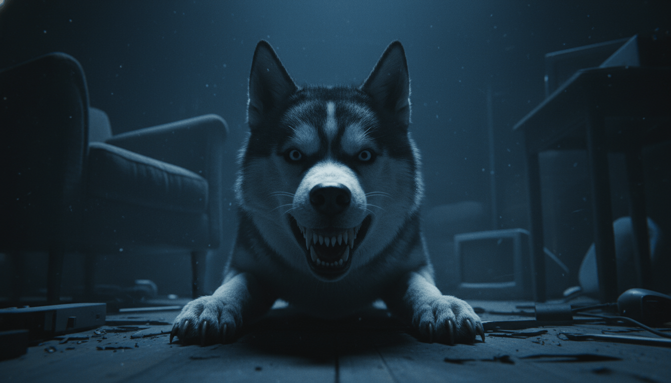 Ilustración fotorrealista de Smile Dog, el Husky siberiano con sonrisa humana de la famosa leyenda urbana de internet.