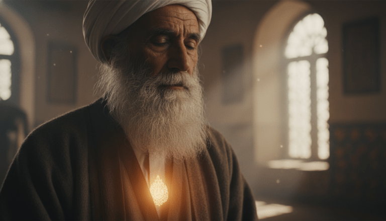 Primer plano de un maestro sufí meditando, representando la dimensión espiritual y el corazón del islam en el sufismo.