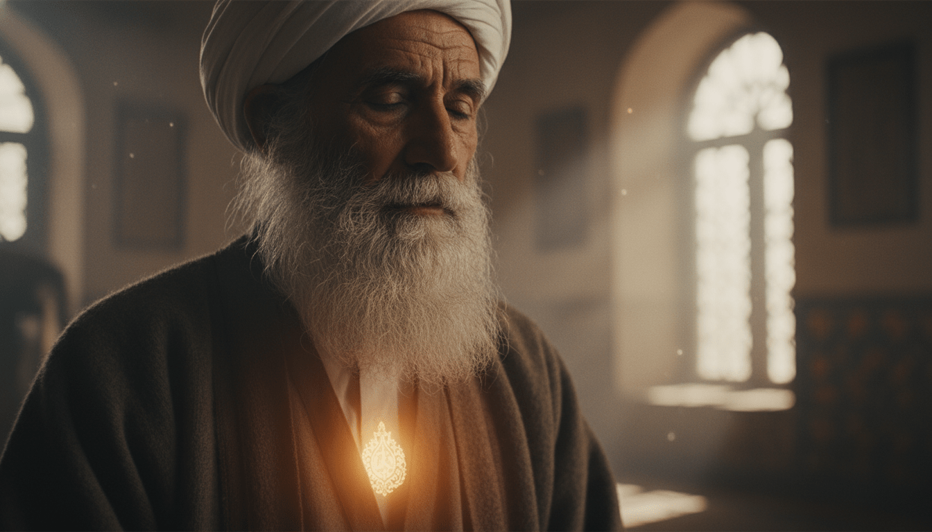 Primer plano de un maestro sufí meditando, representando la dimensión espiritual y el corazón del islam en el sufismo.