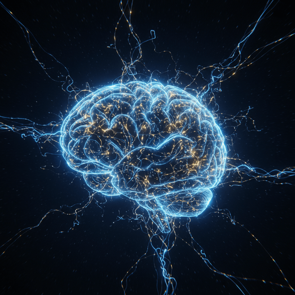 Representación artística de la neuroplasticidad y el supercerebro mostrando conexiones neuronales luminosas que unen la neurociencia y la espiritualidad.