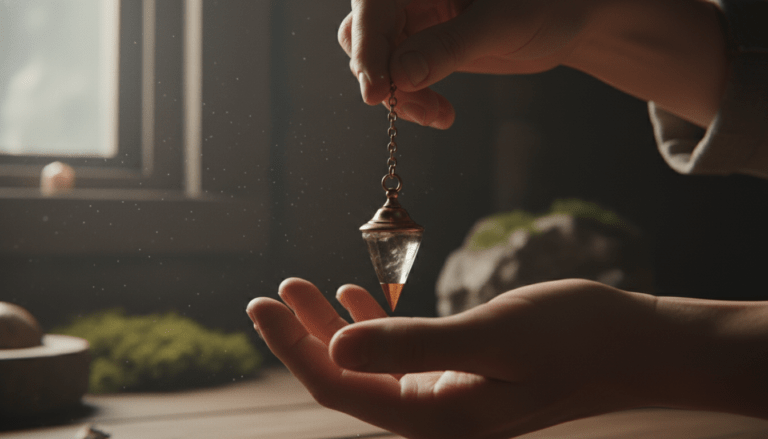 Primer plano de manos sosteniendo un péndulo de radiestesia de latón y cuarzo sobre un fondo rústico natural.