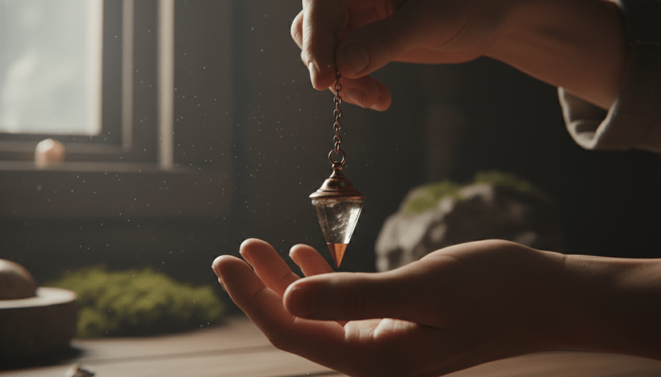 Primer plano de manos sosteniendo un péndulo de radiestesia de latón y cuarzo sobre un fondo rústico natural.