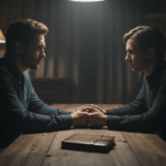 Primer plano cinematográfico de una entrevista de investigación profunda resaltando la psicología del silencio y la escucha activa.