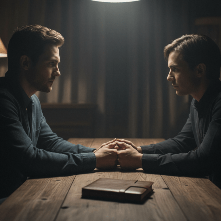 Primer plano cinematográfico de una entrevista de investigación profunda resaltando la psicología del silencio y la escucha activa.