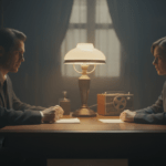 Primer plano cinematográfico de una entrevista de investigación psicológica con iluminación dramática, simbolizando la búsqueda de la verdad entre el silencio y la palabra.