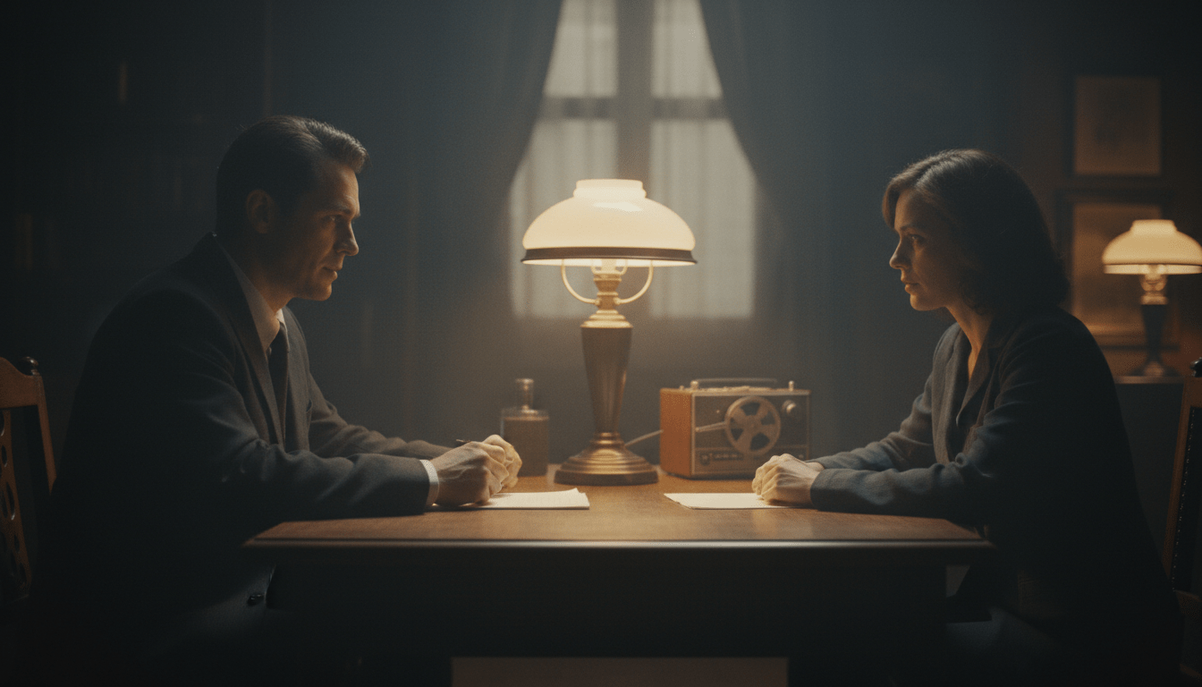 Primer plano cinematográfico de una entrevista de investigación psicológica con iluminación dramática, simbolizando la búsqueda de la verdad entre el silencio y la palabra.