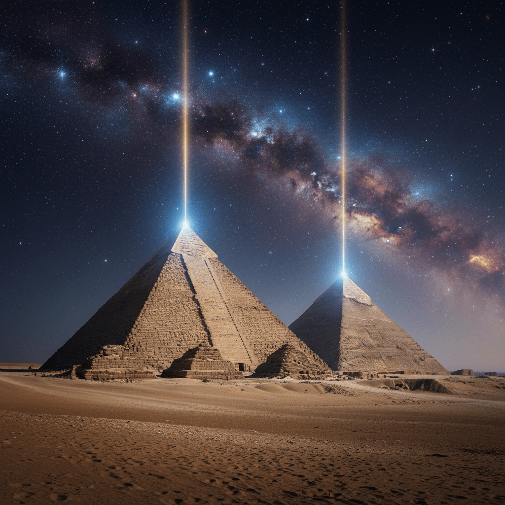 Representación artística de la tecnología Anunnaki en pirámides de Giza y zigurats sumerios para la búsqueda de la inmortalidad.