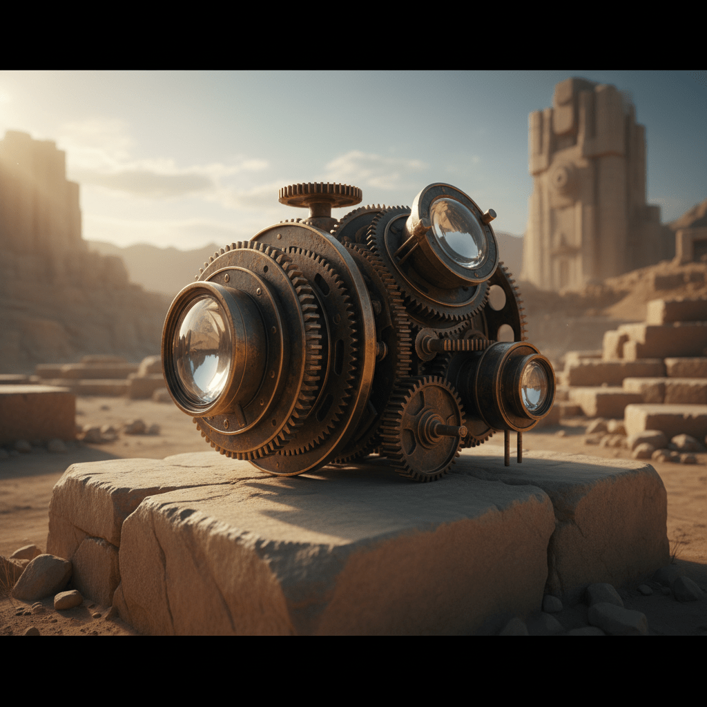 Artefacto tecnológico antiguo de bronce y cristal sobre piedra megalítica, representando la tecnología de los dioses y civilizaciones perdidas.