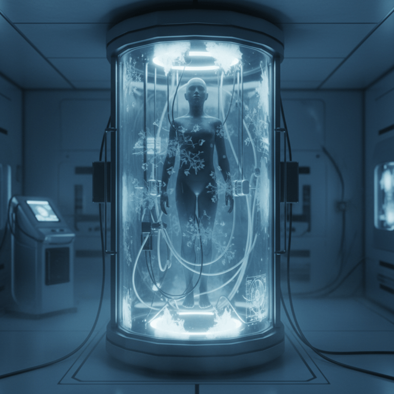 Cámara de criopreservación avanzada y vitrificación en un laboratorio futurista de medicina regenerativa.