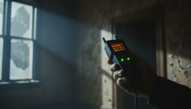 Investigador profesional utilizando un medidor de campos electromagnéticos EMF en una localización histórica oscura para detectar actividad paranormal.