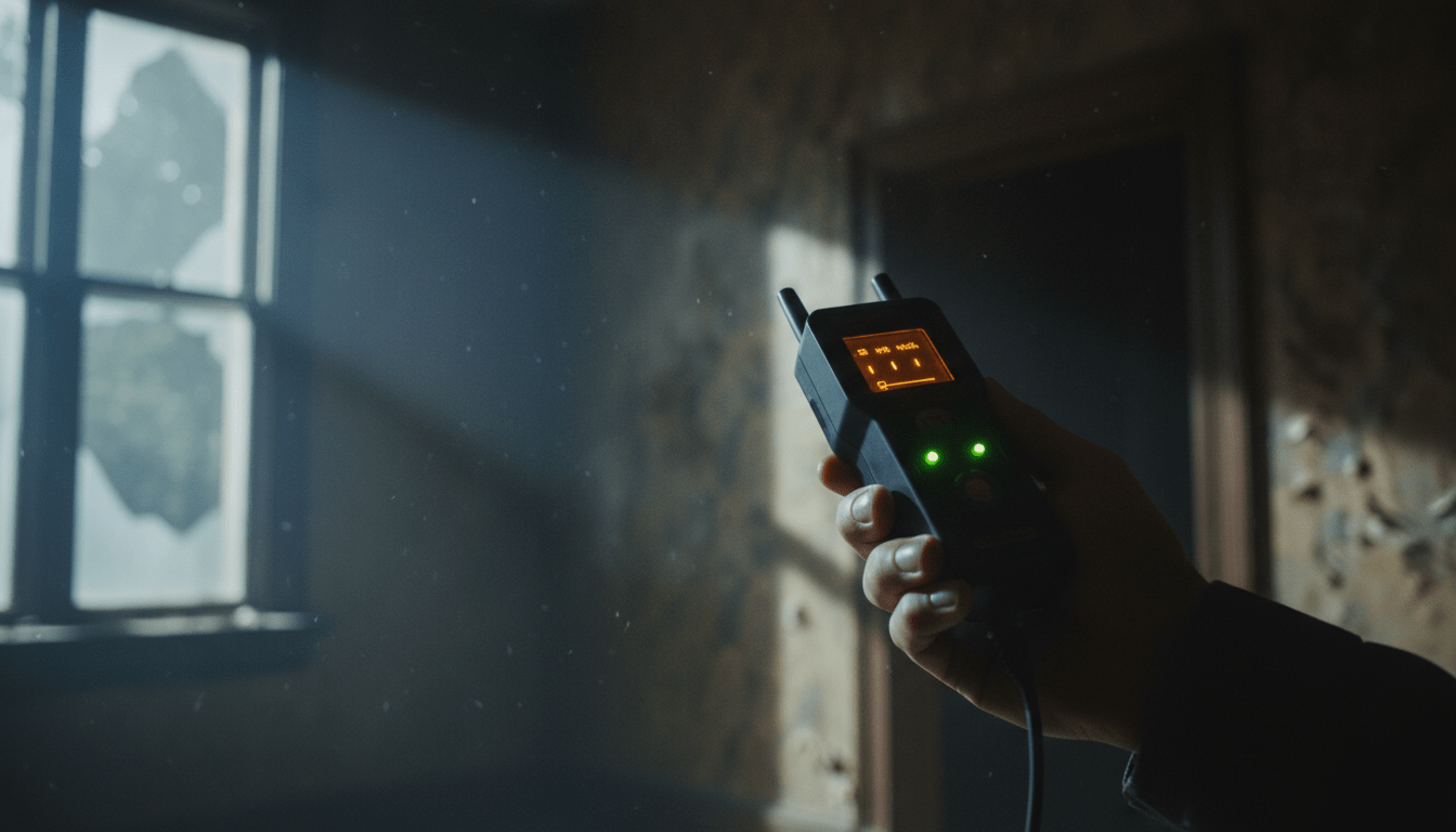 Investigador profesional utilizando un medidor de campos electromagnéticos EMF en una localización histórica oscura para detectar actividad paranormal.