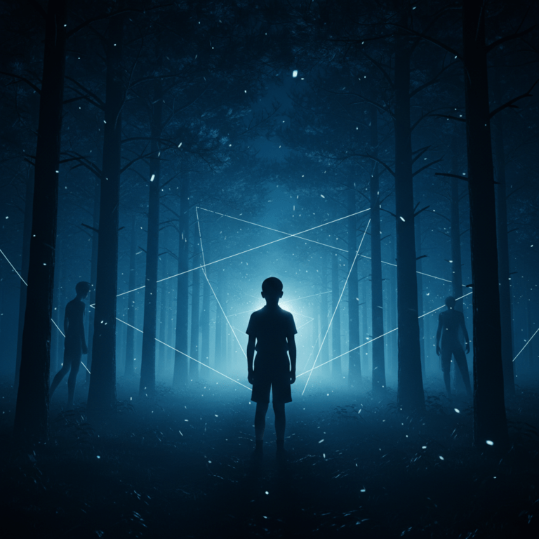 Ilustración cinematográfica de un niño frente a luces misteriosas en un bosque nocturno, inspirada en The Secret School de Whitley Strieber.