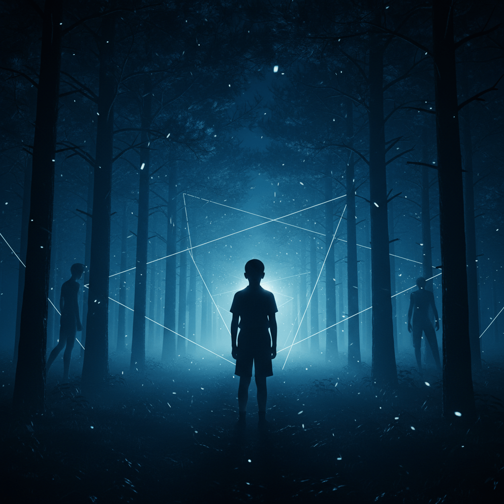 Ilustración cinematográfica de un niño frente a luces misteriosas en un bosque nocturno, inspirada en The Secret School de Whitley Strieber.