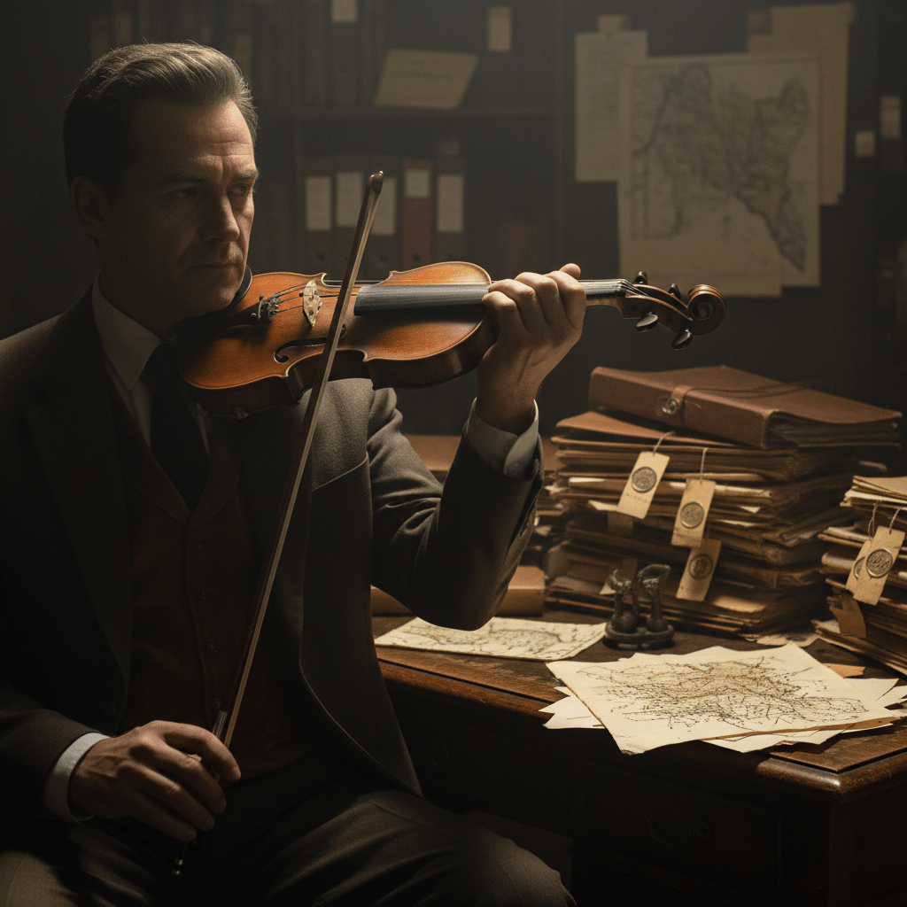 Timothy Good, violinista de la Filarmónica de Londres e investigador de OVNIs, rodeado de documentos clasificados.