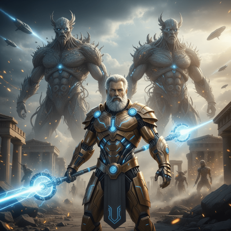 Ilustración de la Titanomaquia interpretada como una guerra tecnológica con Zeus usando armas de energía dirigida contra los Titanes.