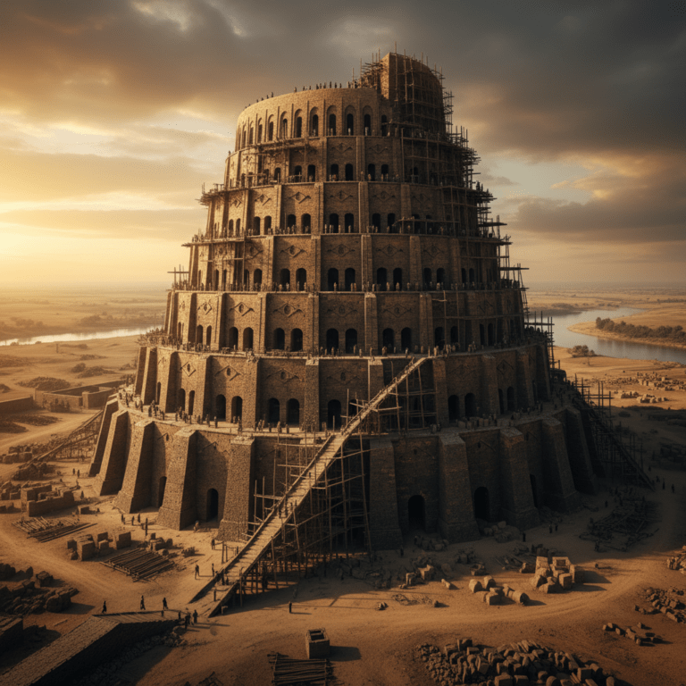Construcción monumental de la Torre de Babel en la llanura de Sinar con ladrillos y betún bajo un cielo cinematográfico.