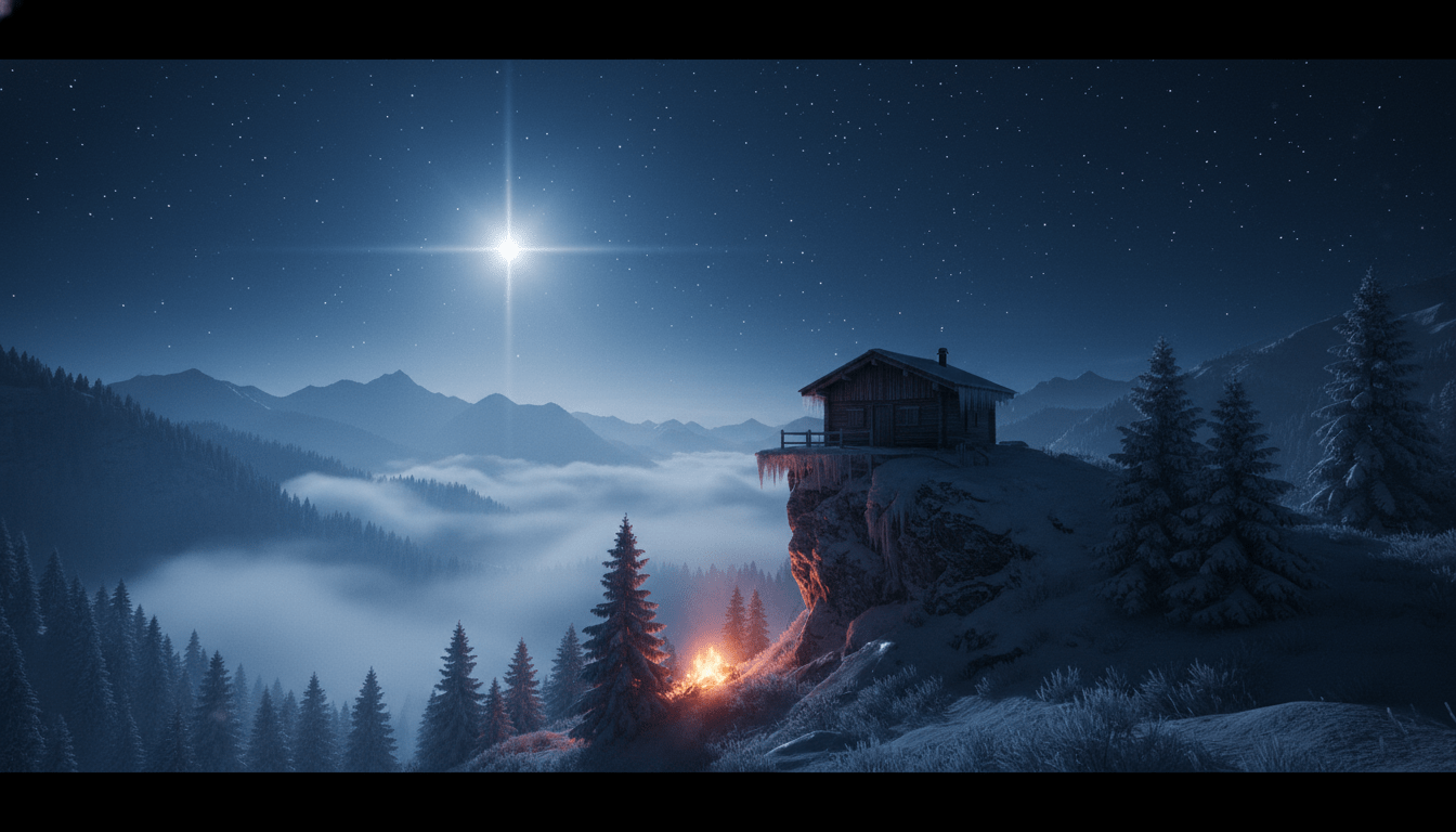 Chalet en llamas en los Alpes suizos bajo la estrella Sirio, representando la tragedia de la Orden del Templo Solar.